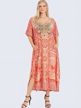 Red Printed Maxi Kaftan Dress Short Sleeves With Side Slit XL